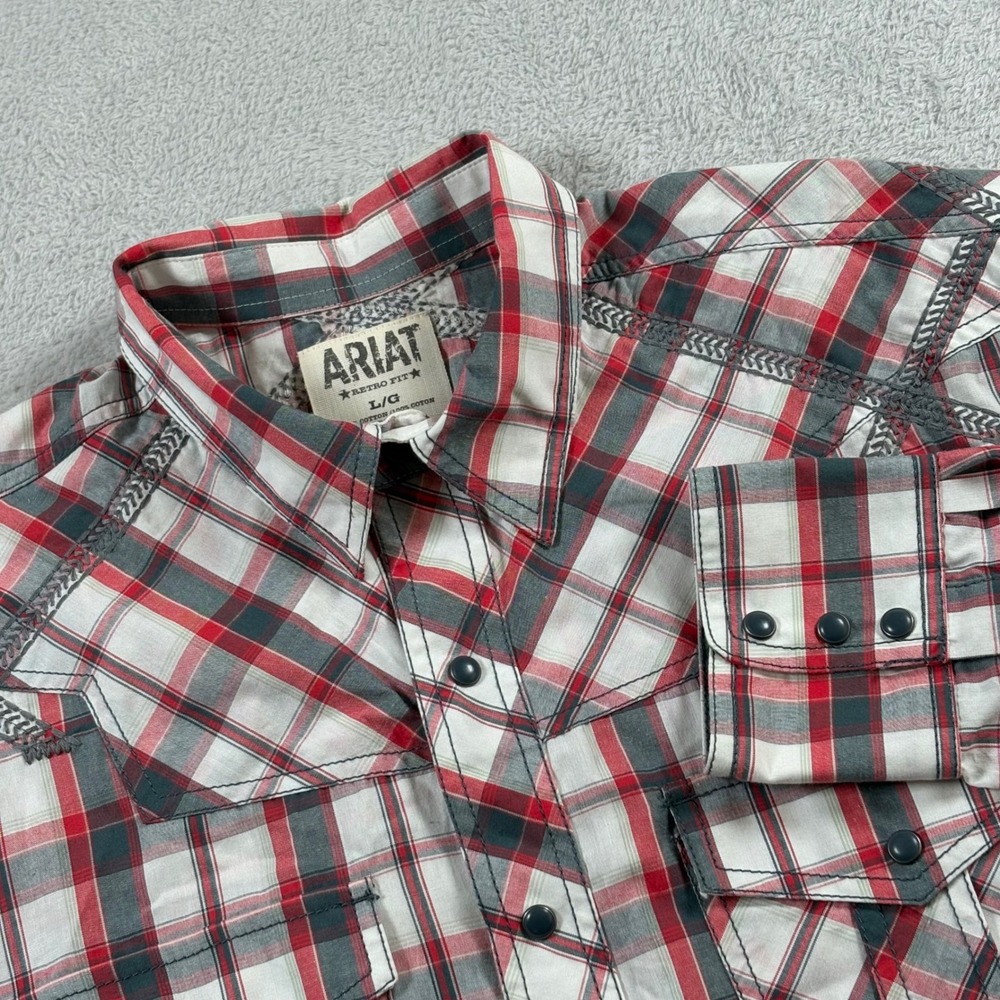 Ariat Retro Fit Mens Large Red‎ Plaid Western Snap Long Sleeve Shirt Embroidery
